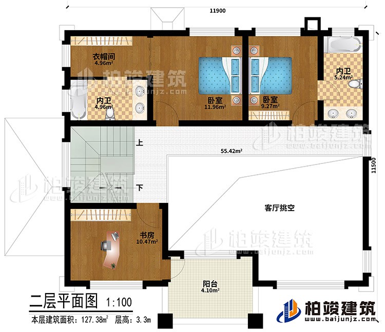 二層：客廳挑空、2臥室、衣帽間、書(shū)房、2內(nèi)衛(wèi)、陽(yáng)臺(tái)
