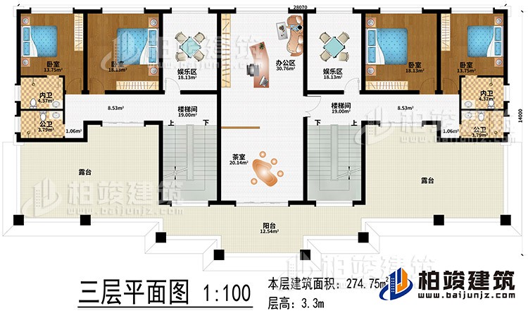 三層：辦公區(qū)、茶室、2樓梯間、2娛樂(lè)區(qū)、4臥室、2公衛(wèi)、2內(nèi)衛(wèi)、2露臺(tái)