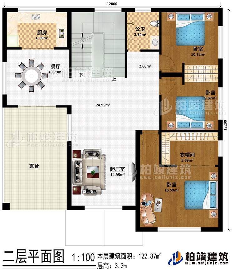 二層：起居室、餐廳、廚房、公衛(wèi)、3臥室、衣帽間、露臺(tái)