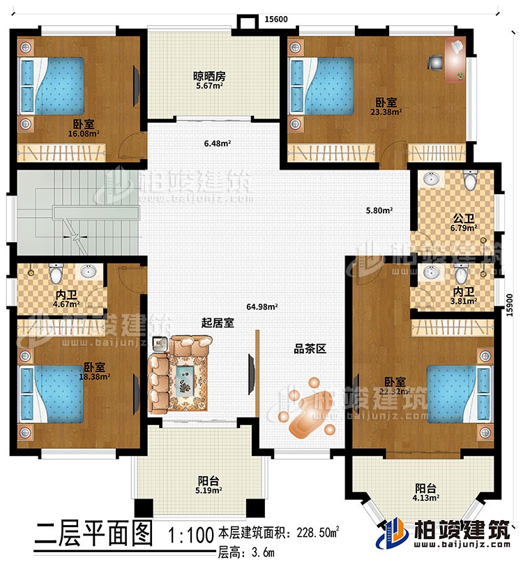 二層：起居室、品茶區(qū)、4臥室、公衛(wèi)、2內(nèi)衛(wèi)、晾曬房、2陽(yáng)臺(tái)