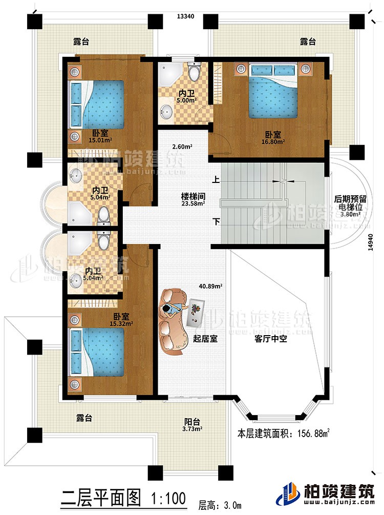 二層：起居室、客廳中空、樓梯間、3臥室、3內(nèi)衛(wèi)、陽(yáng)臺(tái)、3露臺(tái)、后期預(yù)留電梯位