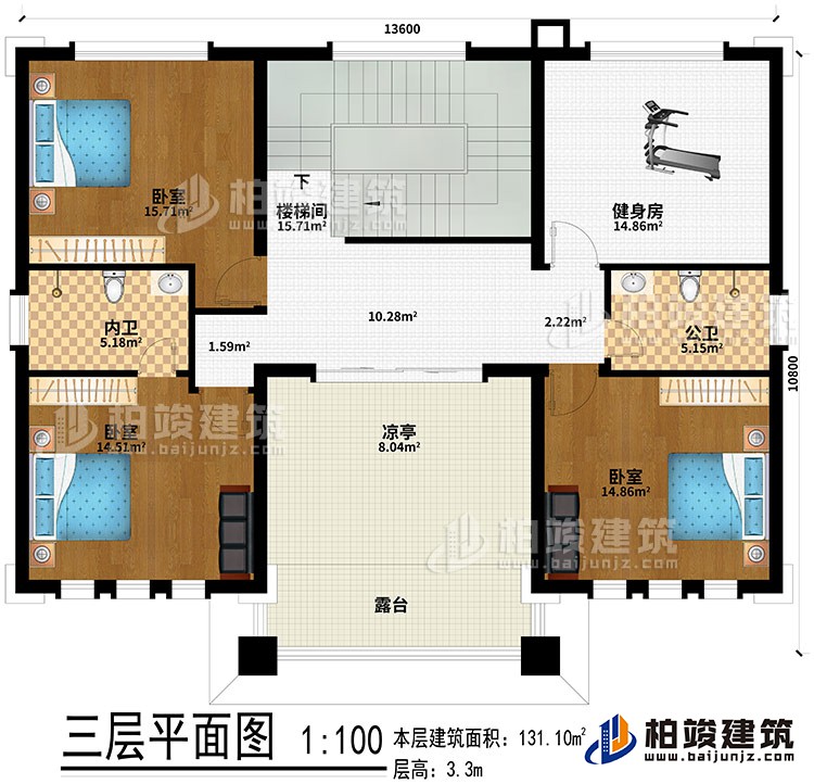 三層：樓梯間、健身房、3臥室、公衛(wèi)、內(nèi)衛(wèi)、涼亭、露臺(tái)