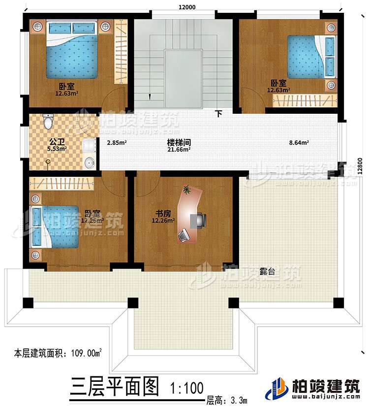 三層：3臥室、樓梯間、書房、公衛(wèi)、露臺(tái)