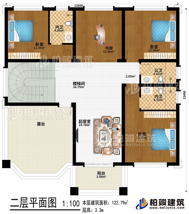 二層：樓梯間、起居室、3臥室、書房、2內(nèi)衛(wèi)、公衛(wèi)、露臺、陽臺