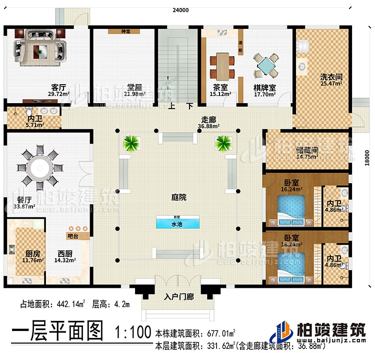一層：入戶門廊、水池、影壁、庭院、走廊、西廚、廚房、餐廳、吧臺、客廳、堂屋、神龕、茶室、棋牌室、洗衣間、儲藏間、2臥室、3內(nèi)衛(wèi)