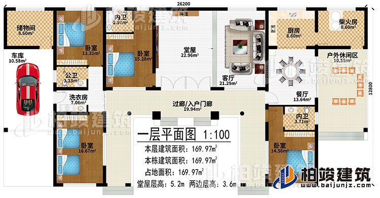 一層：過廊/入戶門廊、堂屋、神龕、客廳、餐廳、廚房、柴火房、戶外休閑區(qū)、儲(chǔ)物間、車庫、洗衣房、4臥室、2內(nèi)衛(wèi)、公衛(wèi)