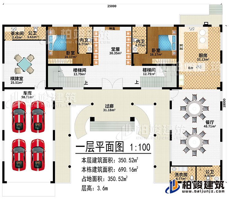 一層：過廊、堂屋、神龕、2樓梯間、廚房、餐廳、棋牌室、車庫、茶水間、2公衛(wèi)、洗衣房、2臥室、2內(nèi)衛(wèi)