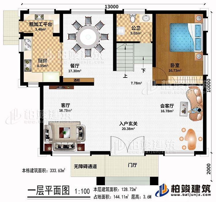 一層：門廳、無障礙通道、酒柜、入戶玄關(guān)、會客廳、客廳、廚房、餐廳、粗加工平臺、臥室、公衛(wèi)
