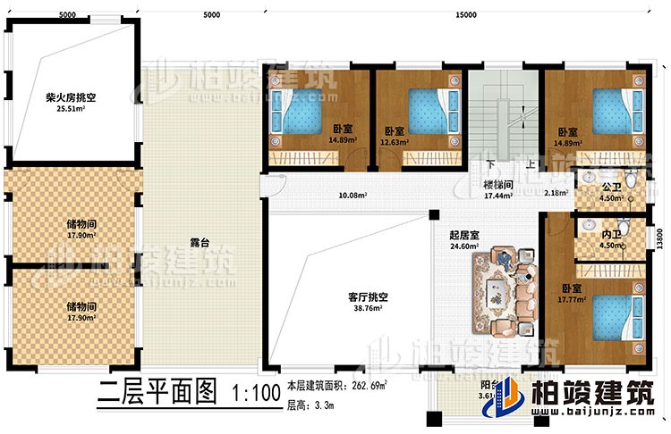 二層：起居室、樓梯間、2儲物間、客廳挑空、柴火房挑空、4臥室、公衛(wèi)、內(nèi)衛(wèi)、露臺、陽臺