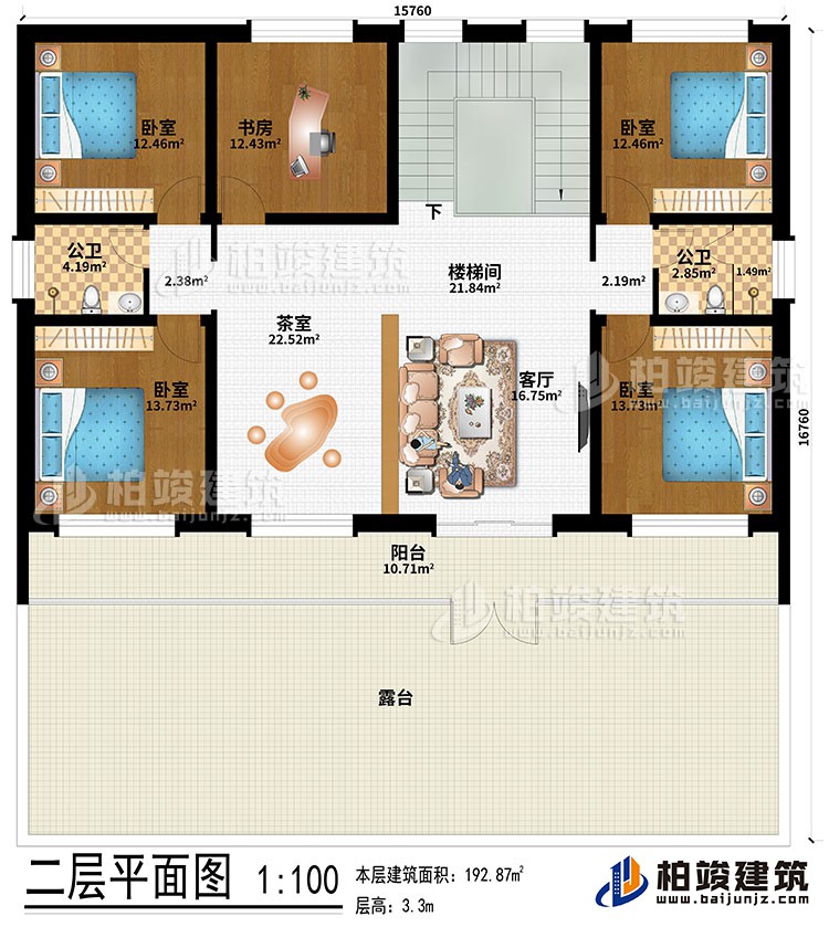 二層：樓梯間、客廳、茶室、4臥室、書房、2公衛(wèi)、陽(yáng)臺(tái)、露臺(tái)
