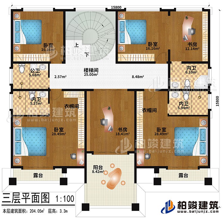 三層：樓梯間、4臥室、2衣帽間、2書房、公衛(wèi)、3內(nèi)衛(wèi)、2露臺、陽臺