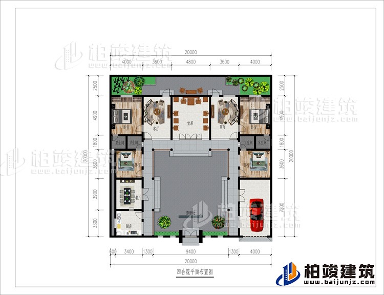 一層：影壁墻、車庫、廚房、餐廳、4臥室、4內(nèi)衛(wèi)、2客廳、堂屋、后花園