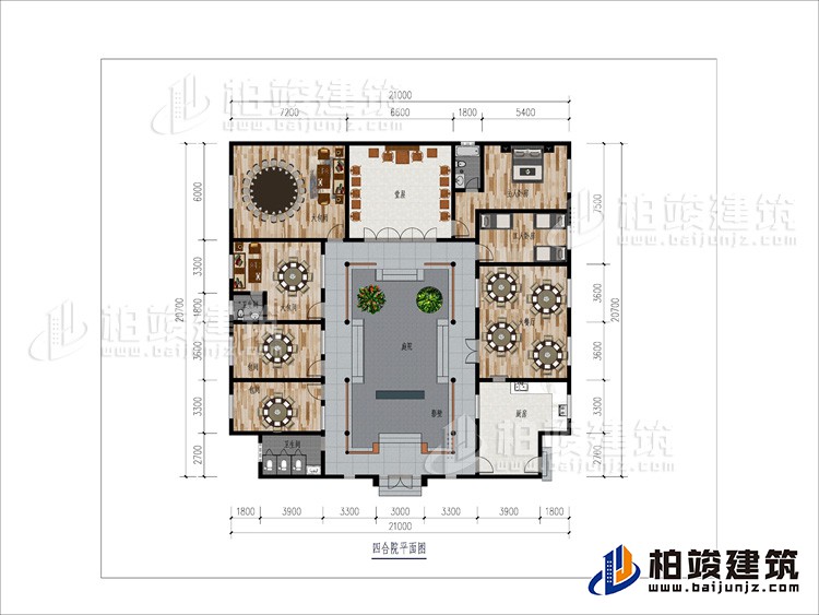 一層：大餐廳、2包間、2大餐廳、2內(nèi)衛(wèi)、堂屋、臥室、工人臥室、公衛(wèi)、庭院、影壁墻