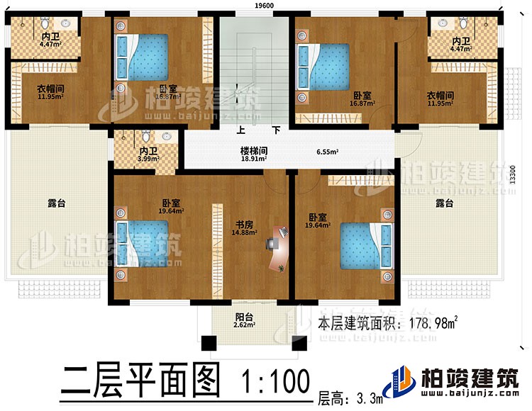 二層：樓梯間、4臥室、書房、2衣帽間、3內(nèi)衛(wèi)、2露臺、陽臺