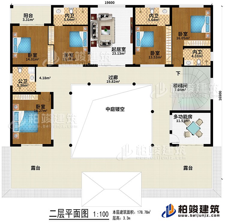 二層：起居室、中庭、過廊、樓梯間、5臥室、公衛(wèi)、3內衛(wèi)、2露臺、陽臺、多功能房