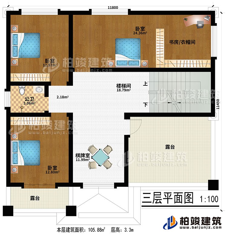 三層：棋牌室、樓梯間、3臥室、書房/衣帽間、公衛(wèi)、2露臺