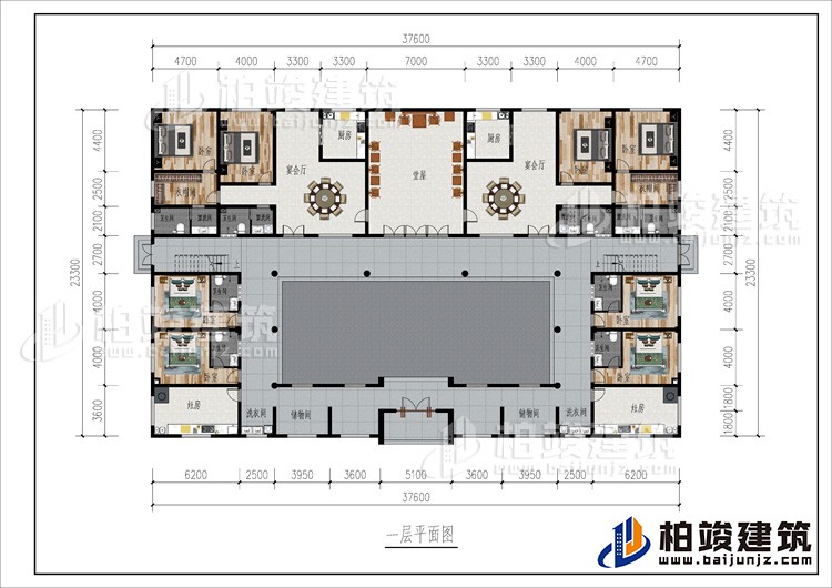 一層：2儲物間、2洗衣間、2灶房、8臥室、2衣帽間、2公衛(wèi)、6內(nèi)衛(wèi)、2廚房、2宴會廳、堂屋