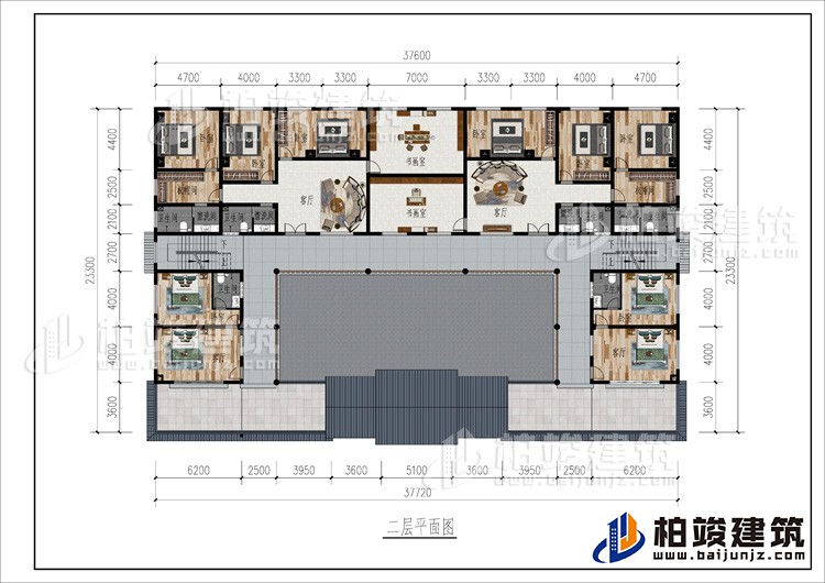 二層：2客廳、2書畫室、公衛(wèi)、10臥室、2衣帽間、4內(nèi)衛(wèi)、2露臺