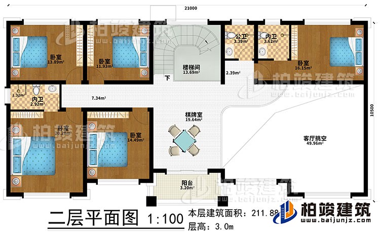 二層：棋牌室、樓梯間、5臥室、2內(nèi)衛(wèi)、公衛(wèi)、客廳挑空、陽臺