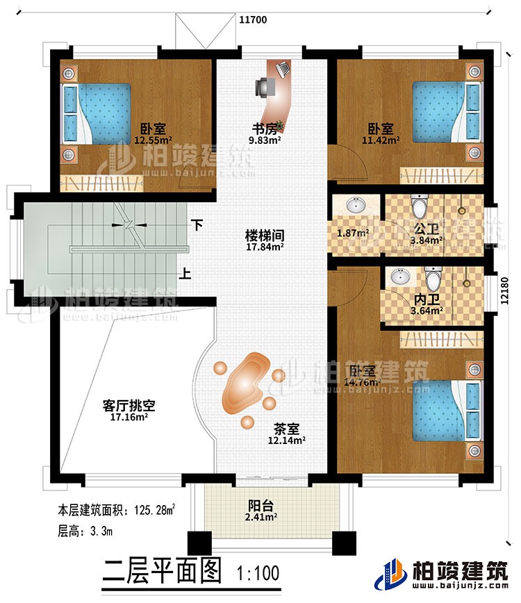二層：樓梯間、書房、茶室、客廳挑空、3臥室、公衛(wèi)、內(nèi)衛(wèi)、陽臺