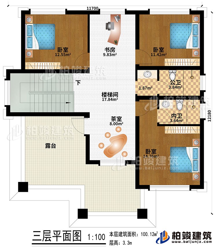 三層：樓梯間、書房、茶室、3臥室、公衛(wèi)、內(nèi)衛(wèi)、露臺