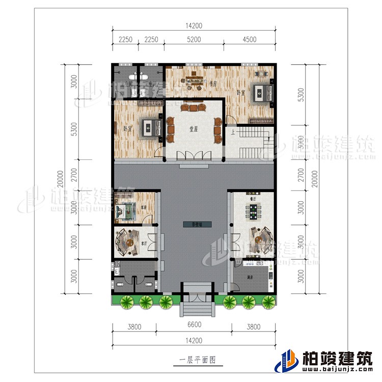 一層：廚房、2客廳、餐廳、公衛(wèi)、3臥室、影壁墻、堂屋、書房、2內(nèi)衛(wèi)