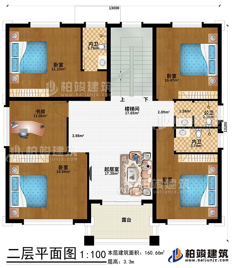 二層：起居室、樓梯間、4臥室、書房、公衛(wèi)、內(nèi)衛(wèi)、露臺