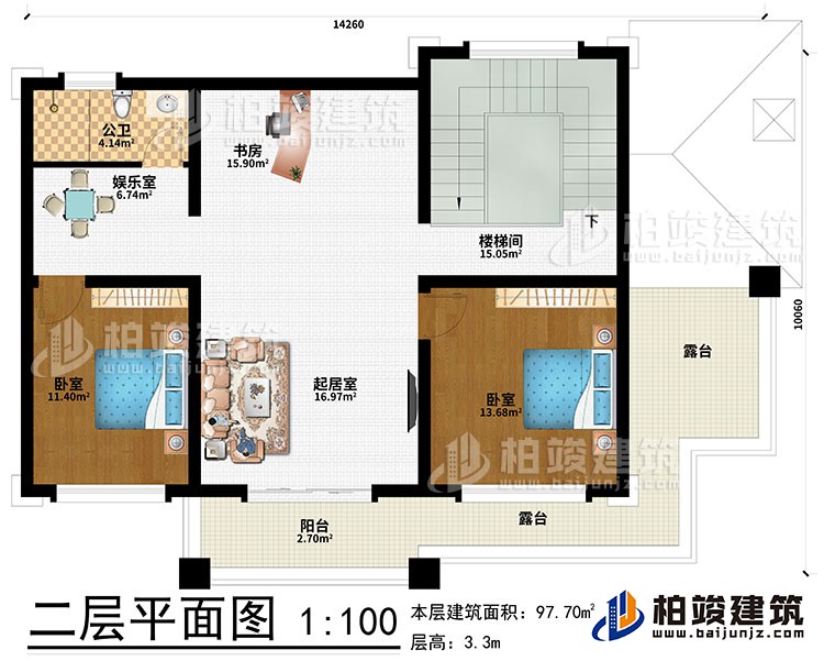 二層：起居室、書(shū)房、娛樂(lè)室、2臥室、樓梯間、公衛(wèi)、陽(yáng)臺(tái)、2露臺(tái)