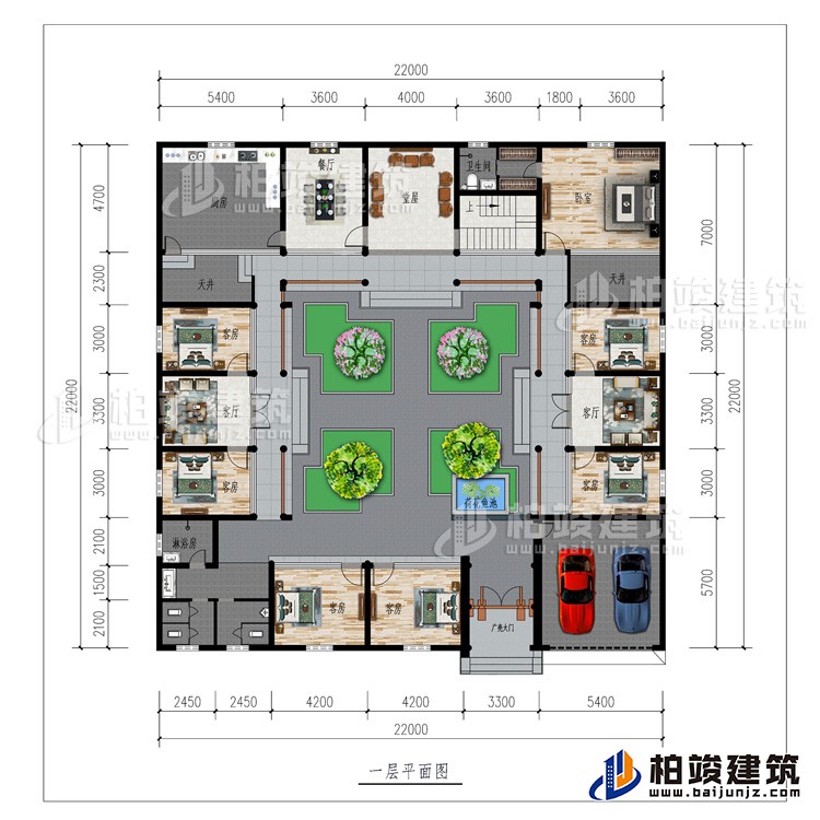 一層：廣亮大門、車庫、書房、公衛(wèi)、7臥室、2客廳、餐廳、廚房、堂屋、2天井、內(nèi)衛(wèi)、荷花魚池
