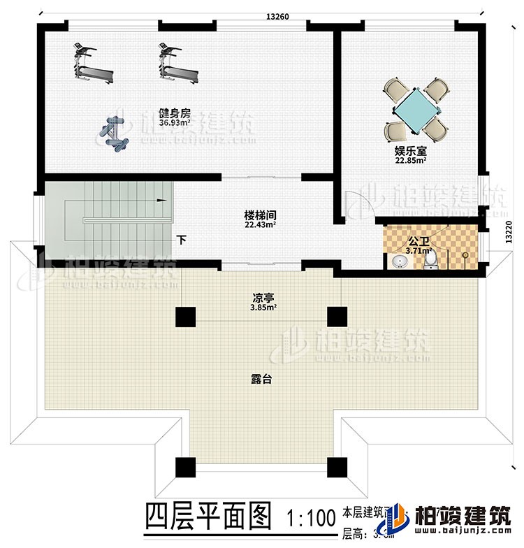 四層：健身房、娛樂(lè)室、樓梯間、公衛(wèi)、涼亭、露臺(tái)