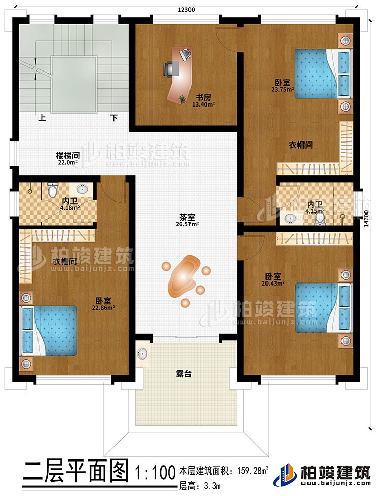 二層：3臥室、2衣帽間、2內(nèi)衛(wèi)、樓梯間、茶室、露臺(tái)、書房