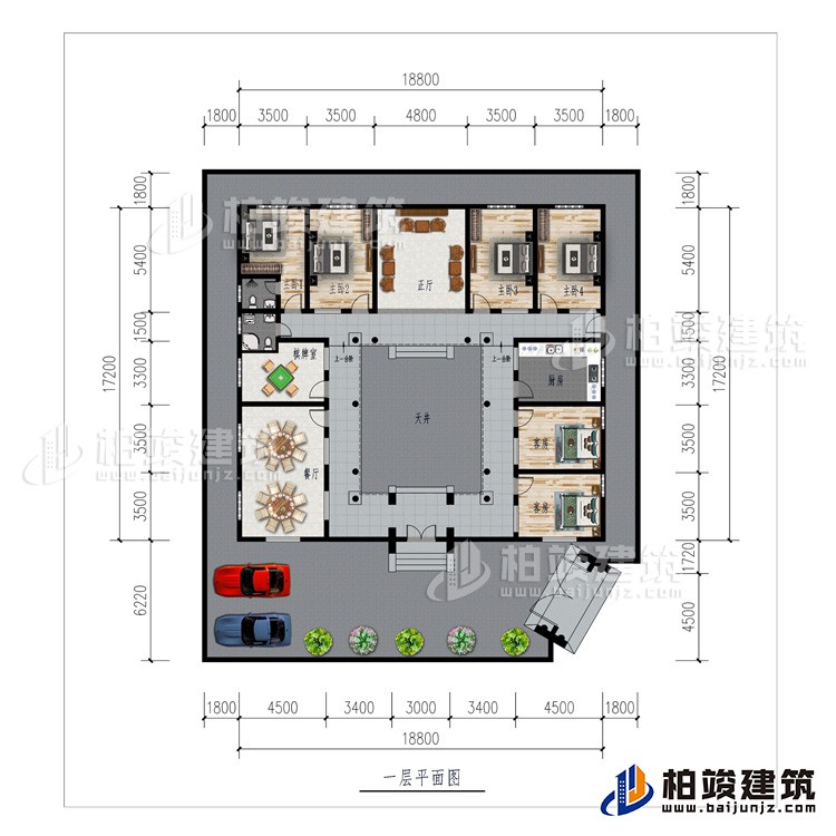 一層：車庫(kù)、餐廳、棋牌室、廚房、正廳、6臥室、公衛(wèi)、內(nèi)衛(wèi)
