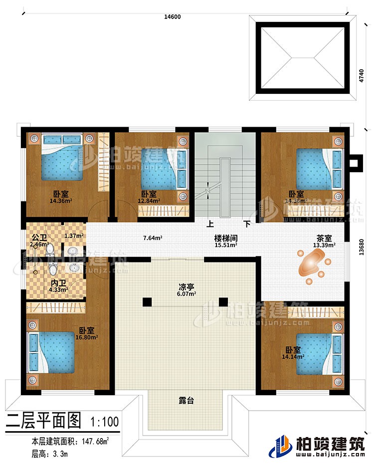 二層：樓梯間、茶室、涼亭、5臥室、公衛(wèi)、內(nèi)衛(wèi)、露臺