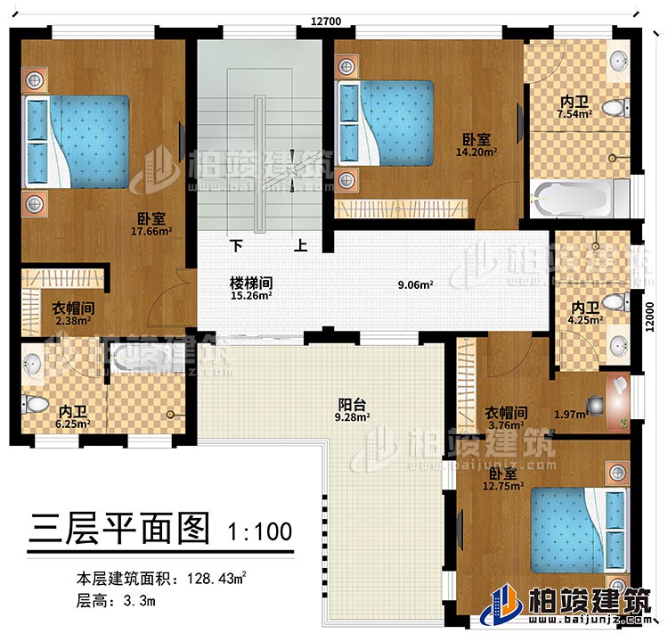 三層：樓梯間、3臥室、2衣帽間、3內(nèi)衛(wèi)、陽(yáng)臺(tái)