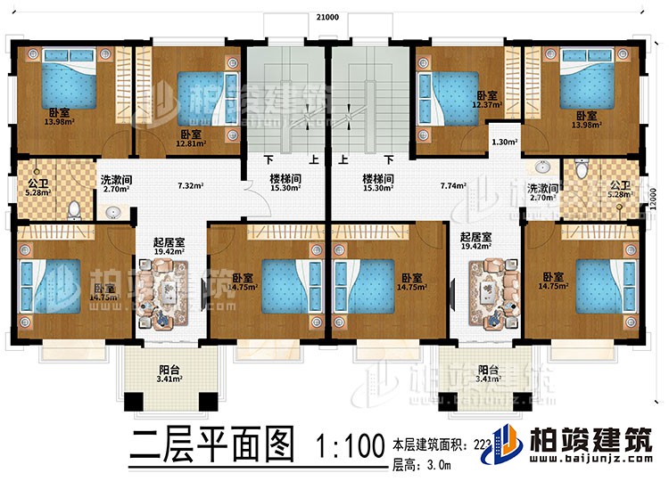 二層：2樓梯間、2起居室、2洗漱間、8臥室、2公衛(wèi)、2陽臺(tái)