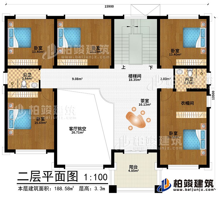 二層：客廳挑空、茶室、樓梯間、5臥室、衣帽間、內(nèi)衛(wèi)、公衛(wèi)、陽臺