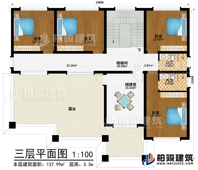 三層：樓梯間、棋牌室、4臥室、公衛(wèi)、內(nèi)衛(wèi)、露臺