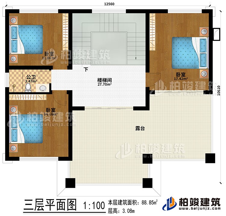 三層：樓梯間、3臥室、露臺(tái)、公衛(wèi)