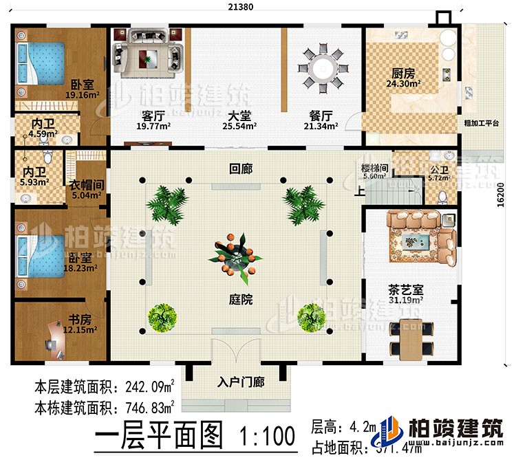 一層：入戶門廊、庭院、回廊、大堂、餐廳、廚房、粗加工平臺(tái)、客廳、2臥室、衣帽間、書房、樓梯間、茶藝室、公衛(wèi)、2內(nèi)衛(wèi)