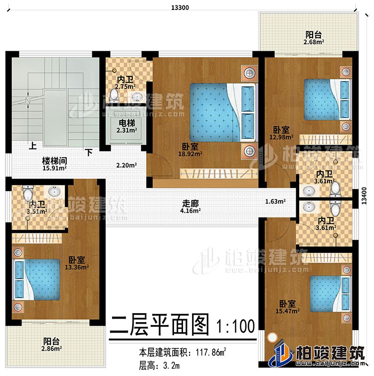 二層：走廊、4臥室、4內(nèi)衛(wèi)、2陽(yáng)臺(tái)、樓梯間、電梯