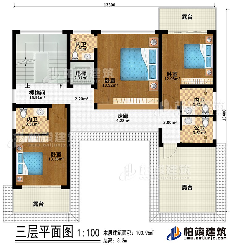 三層：走廊、3臥室、3內(nèi)衛(wèi)、3露臺(tái)、樓梯間、電梯、公衛(wèi)