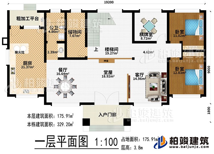 一層：入戶門廊、堂屋、神龕、客廳、餐廳、廚房、柴火灶、粗加工平臺(tái)、儲(chǔ)物間、樓梯間、棋牌室、2臥室、公衛(wèi)