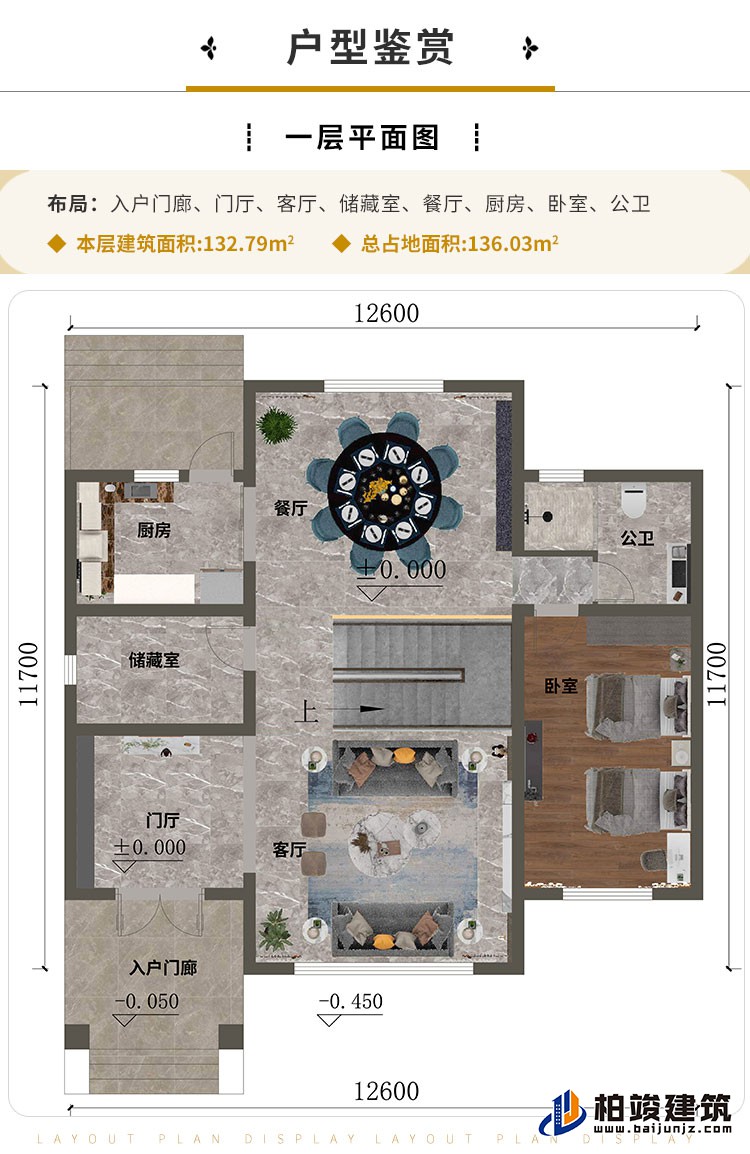 一層“入戶(hù)門(mén)廊、門(mén)廳、客廳、儲(chǔ)藏室、餐廳、廚房、臥室、公衛(wèi)