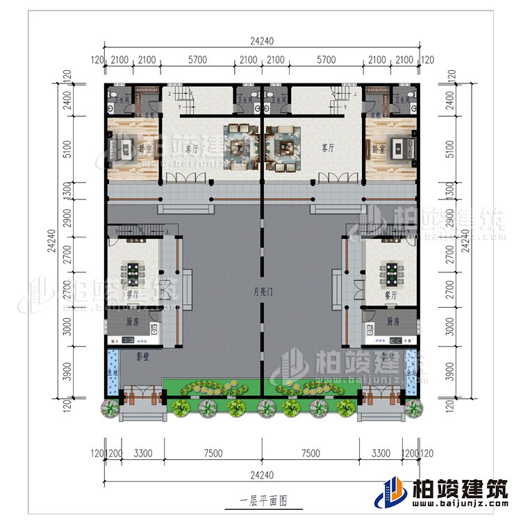一層：月亮門(mén)、2廚房、2影壁、2餐廳、2客廳、2臥室、2衣柜、2內(nèi)衛(wèi)、2魚(yú)池