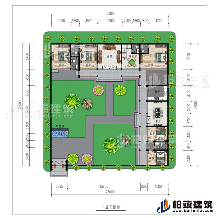 一層：影壁墻、花園、堂屋、廚房、餐廳、5臥室、2公衛(wèi)、2內(nèi)衛(wèi)、麻將室