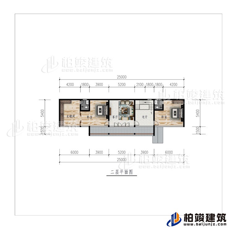 二層：過廳、客廳、衣帽間、2臥室