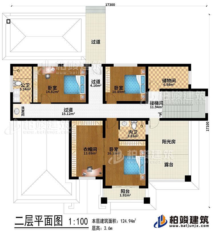 二層：3過道、樓梯間、儲物間、3臥室、衣帽間、公衛(wèi)、內(nèi)衛(wèi)、洗漱間、陽光房、陽臺、露臺