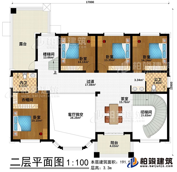 二層：2樓梯間、過道、茶室、4臥室、衣帽間、公衛(wèi)、內(nèi)衛(wèi)、客廳挑空、露臺、陽臺