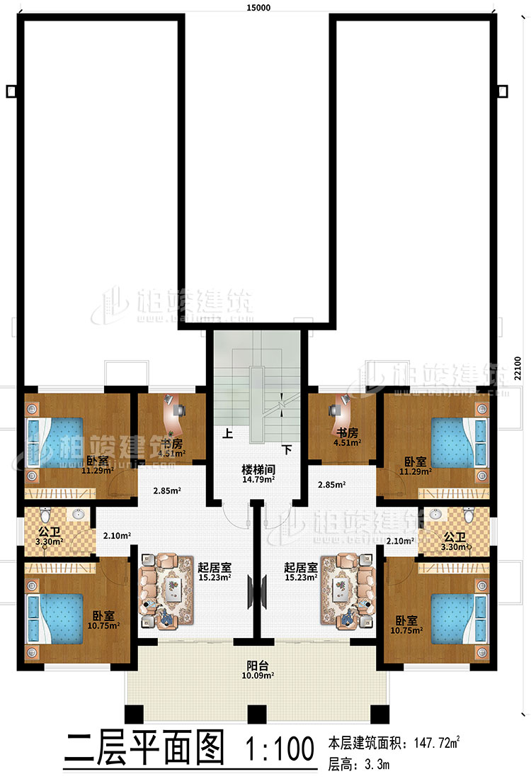 二層：2起居室、2書房、4臥室、2公衛(wèi)、樓梯間、陽臺