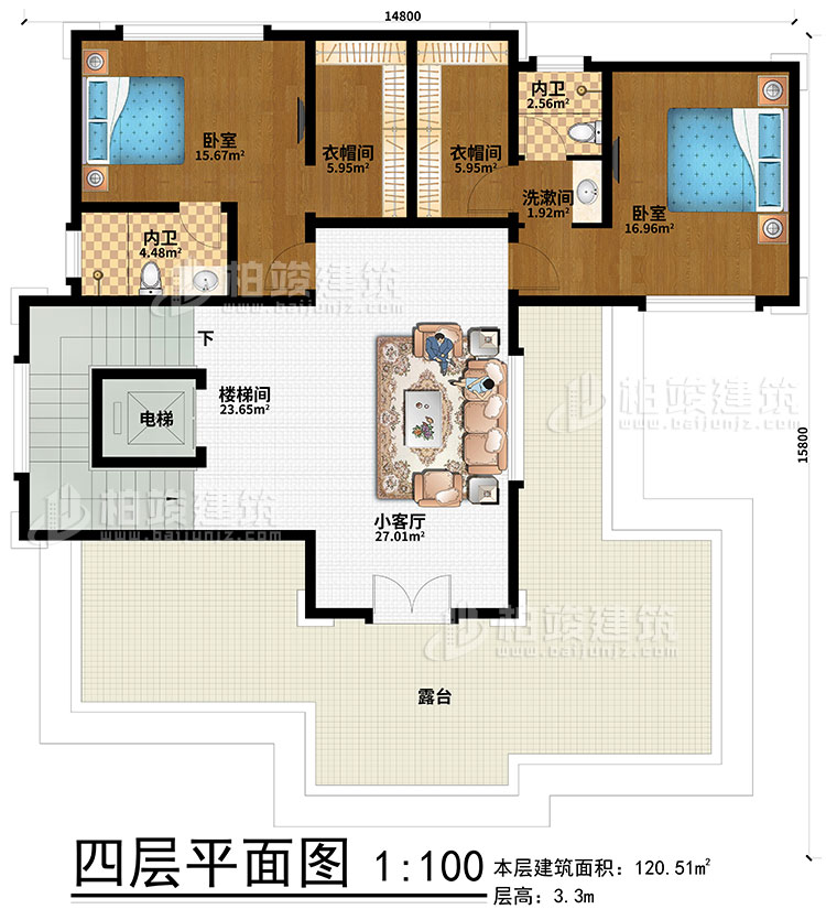 四層：2臥室、2衣帽間、2內(nèi)衛(wèi)、樓梯間、電梯、小客廳、露臺(tái)